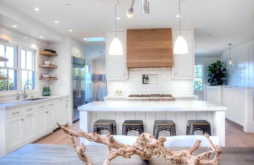 kitchen with white tiles cottage kitchen with white cabinets white tile and long breakfast bar island white kitchen tile backsplash ideas
